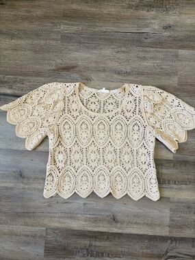 Solitaire Crochet Lace Flutter Sleeve Top in Beige